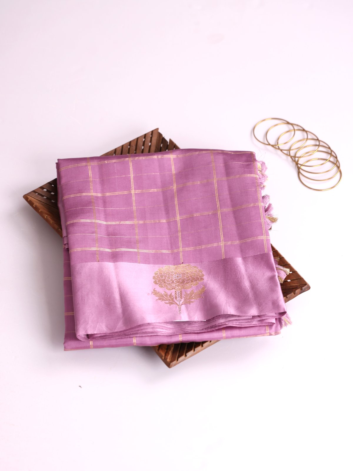 Lavender Zari Checked Mashru Silk Saree With Satin Border