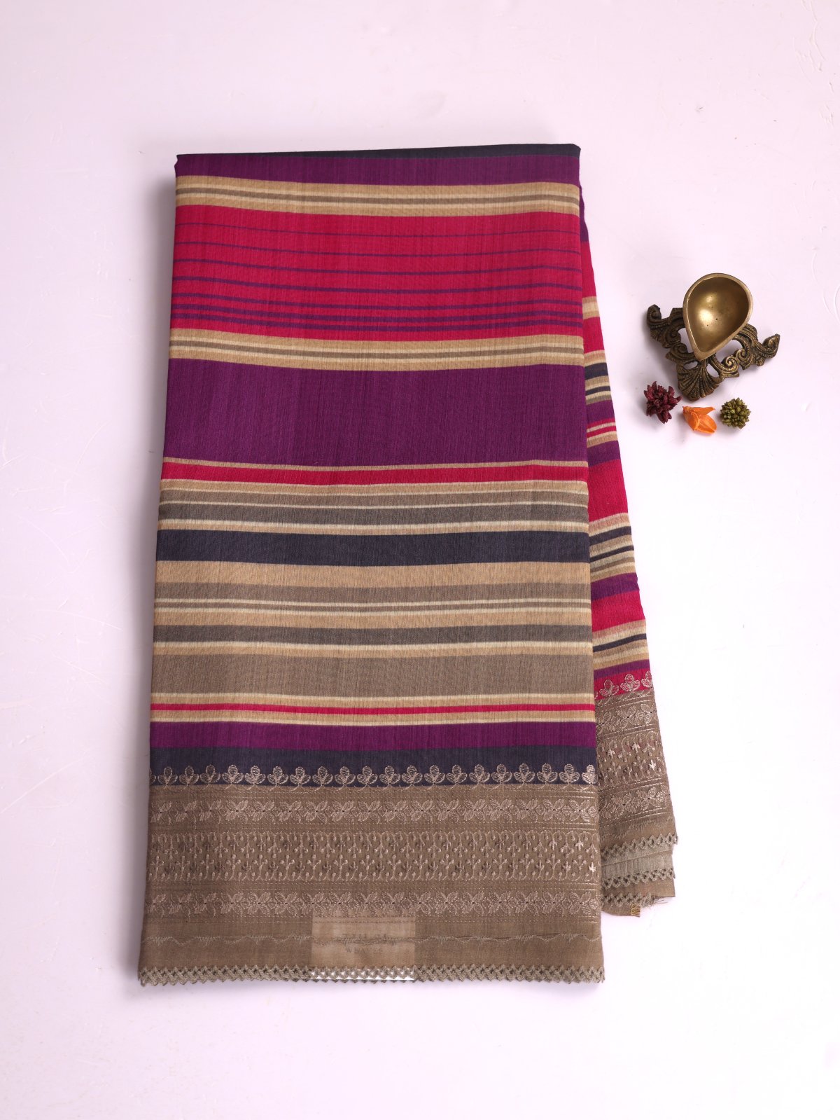 Multi color Striped Printed Tussar Silk Saree With Greige Embroidered Border