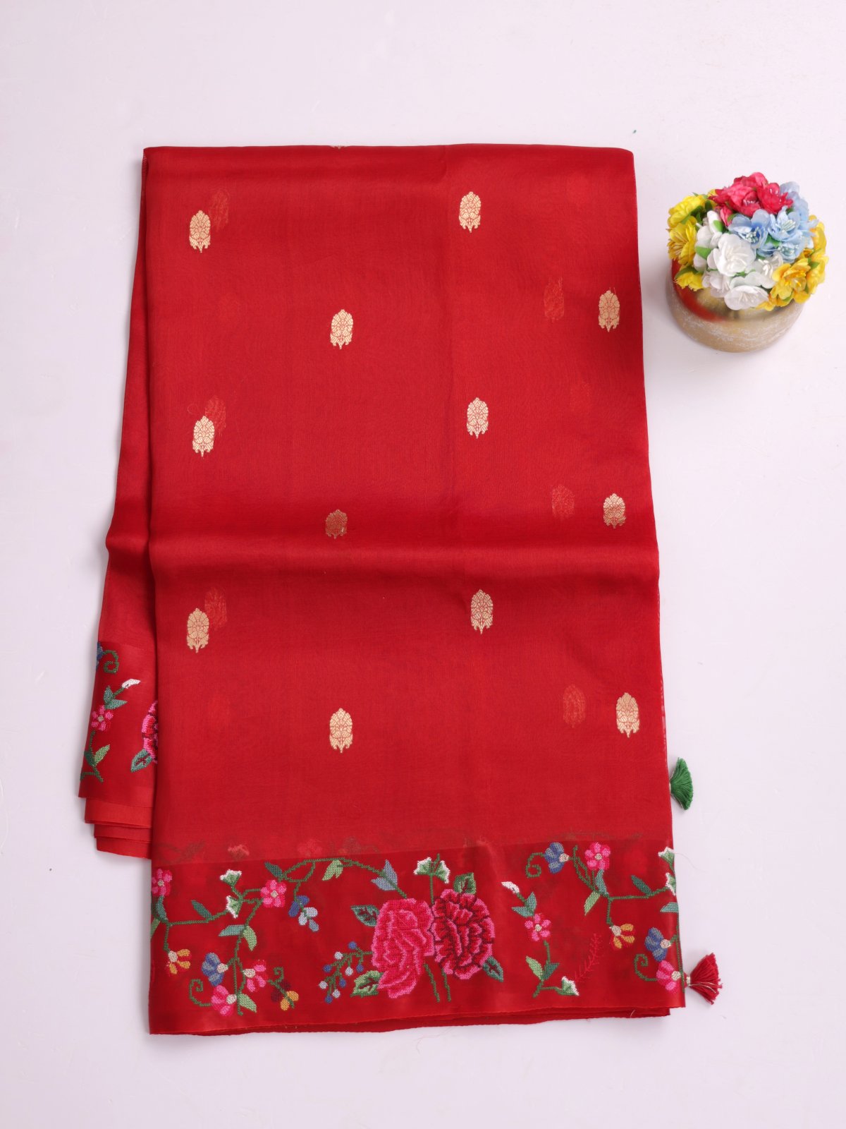 Red Organza Silk Saree With Cross-Stitch Embroidered Border