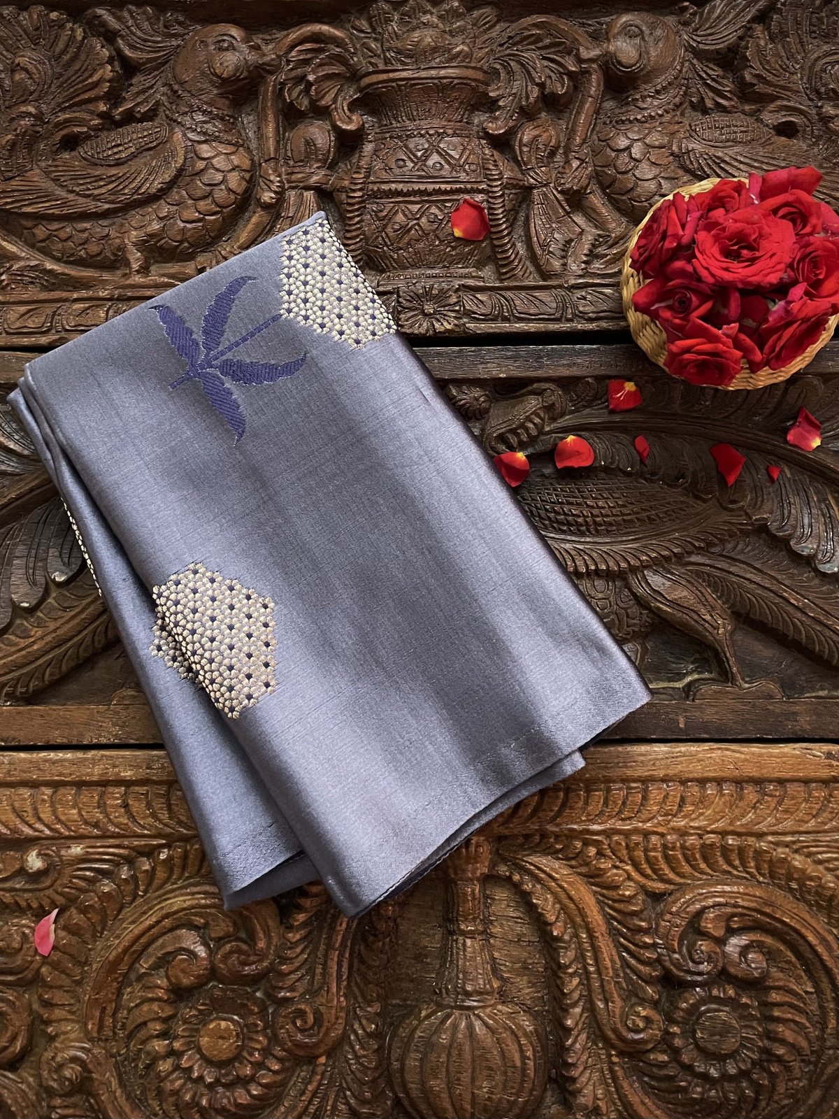 Greyish Blue Satin Weave Banaras Silk  Blouse With Floral Butties