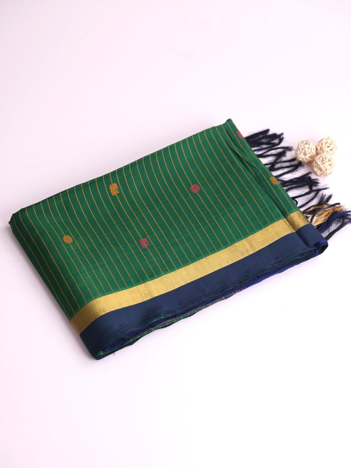 Green Striped Silk Cotton Saree With Blue Zari Border
