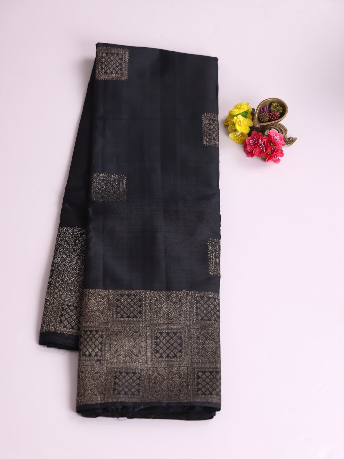 Black Kanjeevaram Silk Saree With Antique Zari