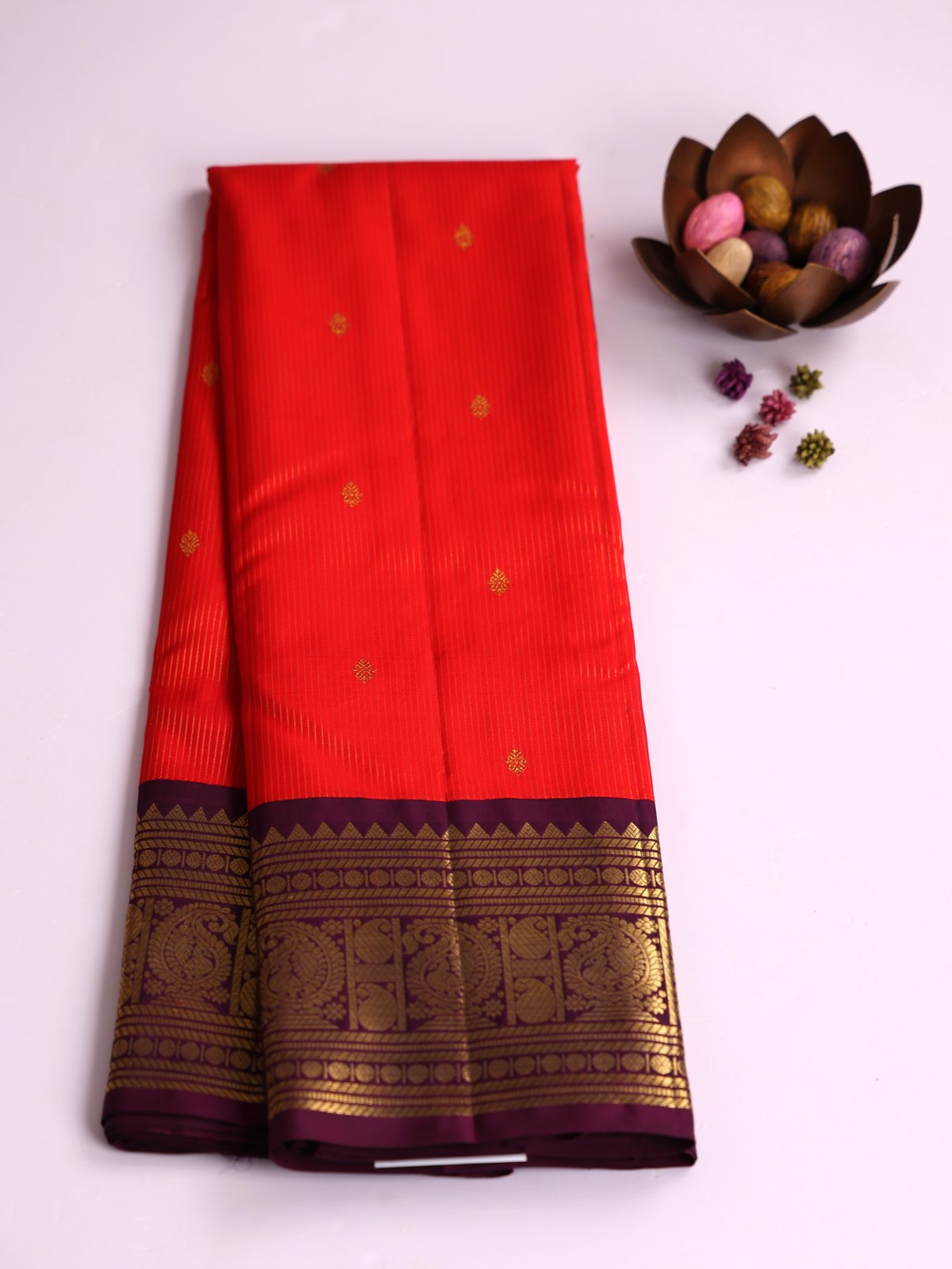 Red Zari Striped Kanjeevaram Silk Saree With Burgundy Zari Border