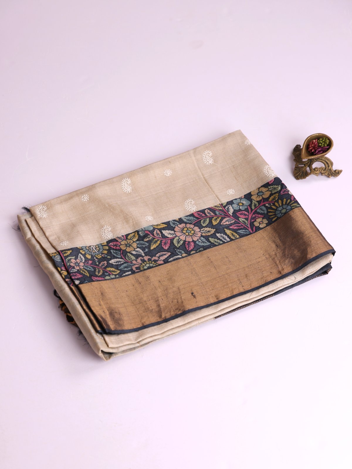 Cream Embroidered Tussar Silk Saree With Black Zari Border