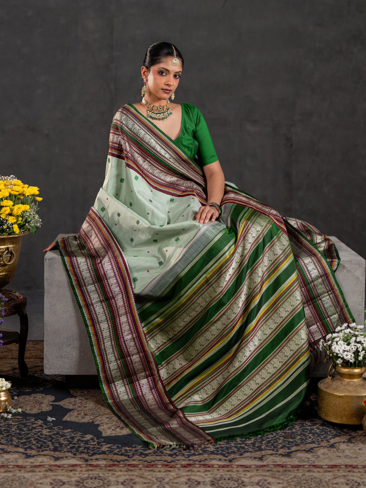 Crafted 39 - Pastel Green Kanjeevaram Silk Saree With Bottle Green Pattupettu Border
