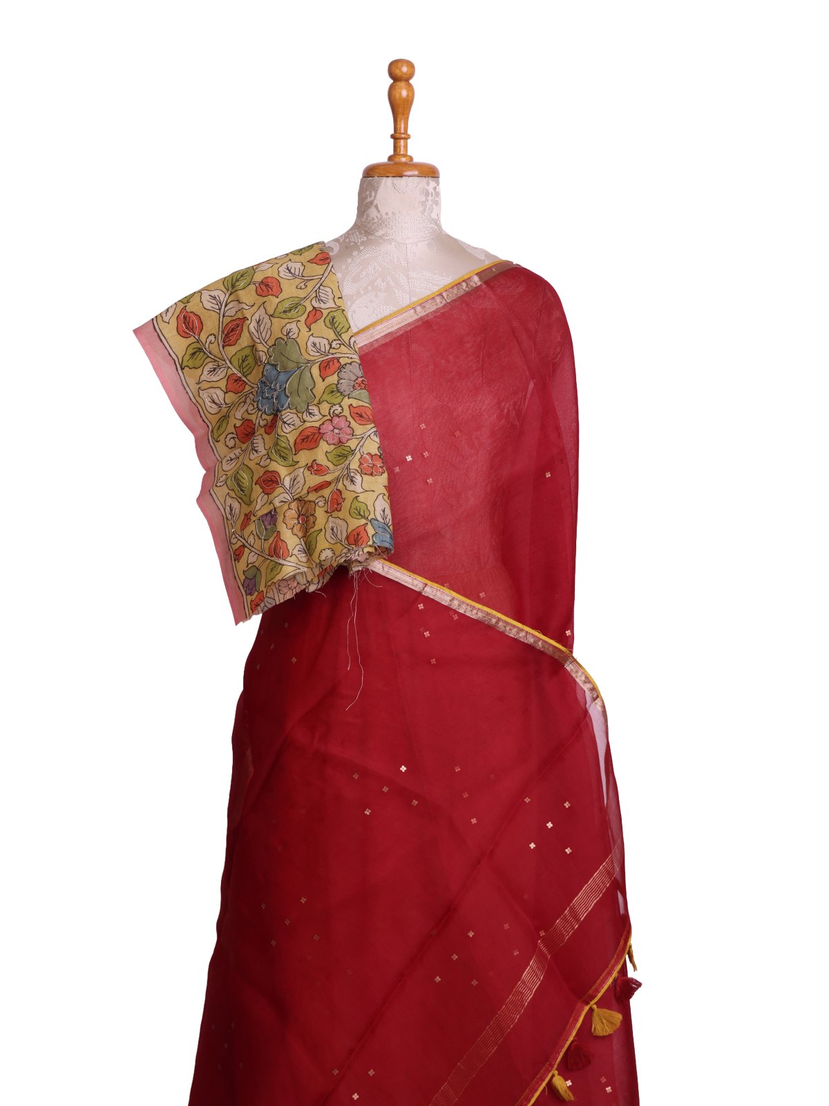 Dark Red Organza Silk Saree with Kalamkari Blouse