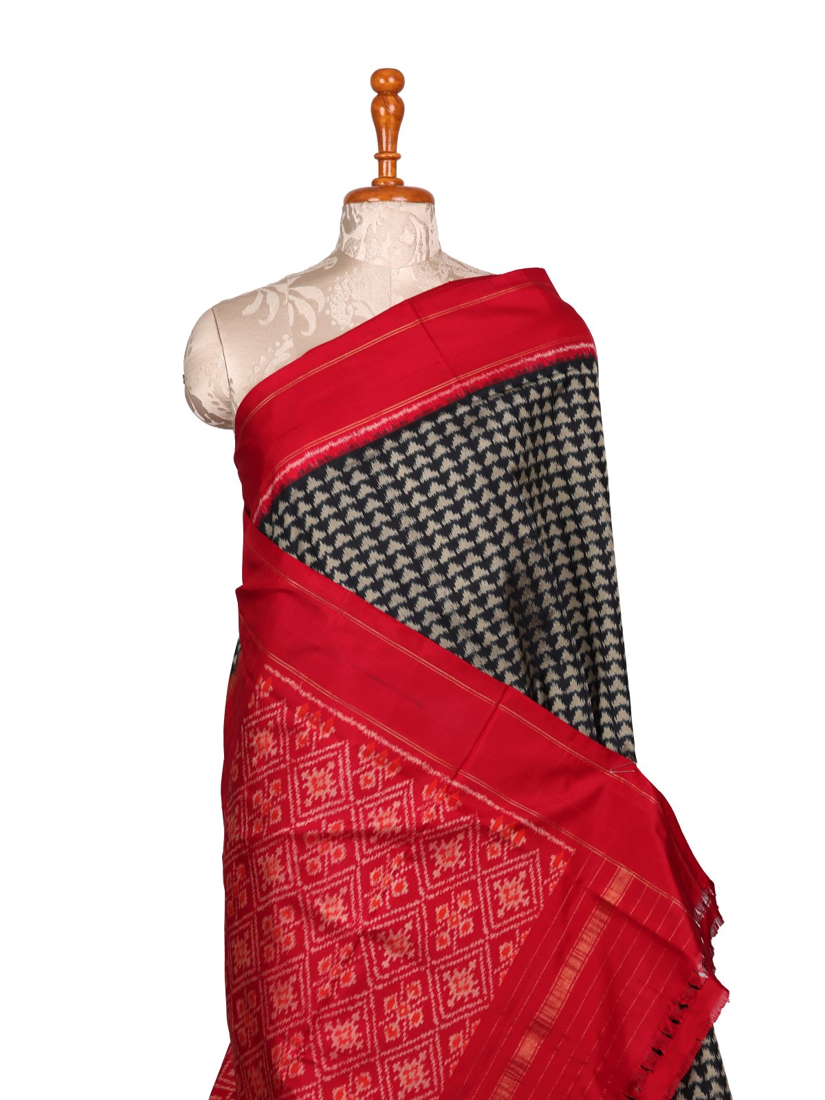 Black Ikat Silk Saree With Red Border