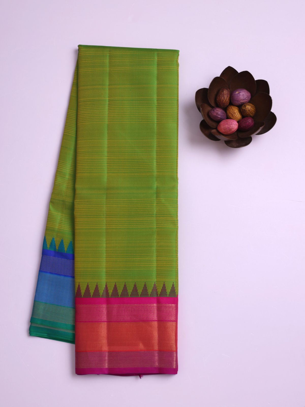 Parrot Green Soft Silk Saree with Rani Pink and Peacock Blue Ganga Jamuna Border