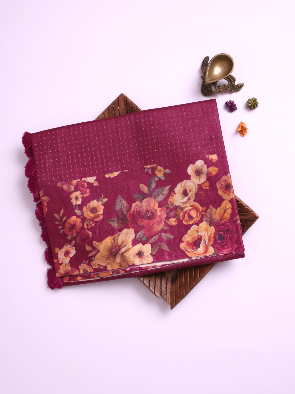 Dark Magenta Tussar Silk Saree with Printed Border
