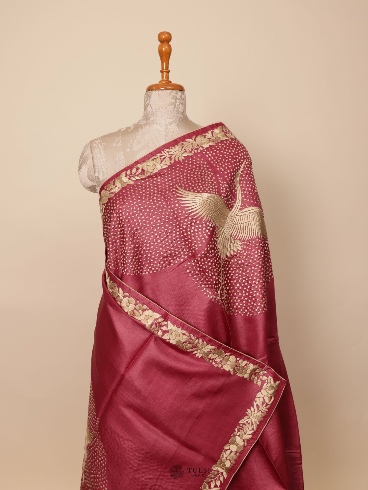 Dusty Red Tussar Silk Saree with Floral Embroidery Border