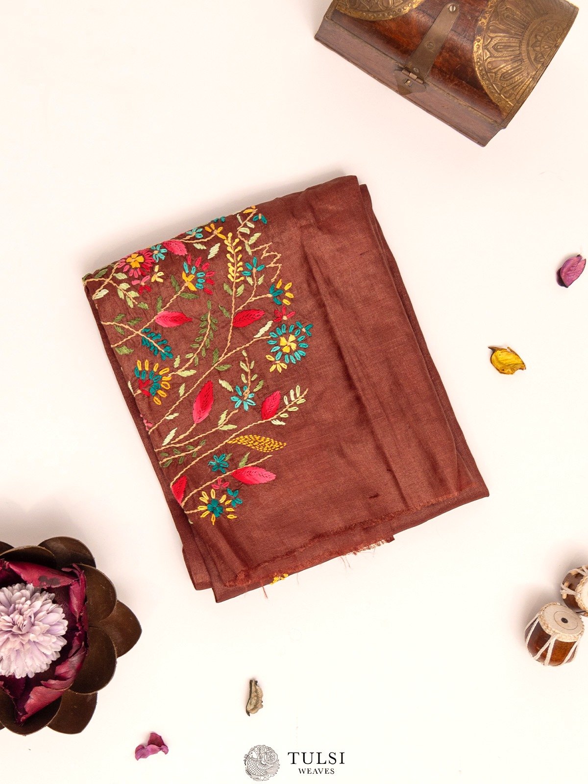 Dark Brown Tussar Blouse With Floral Embroidery