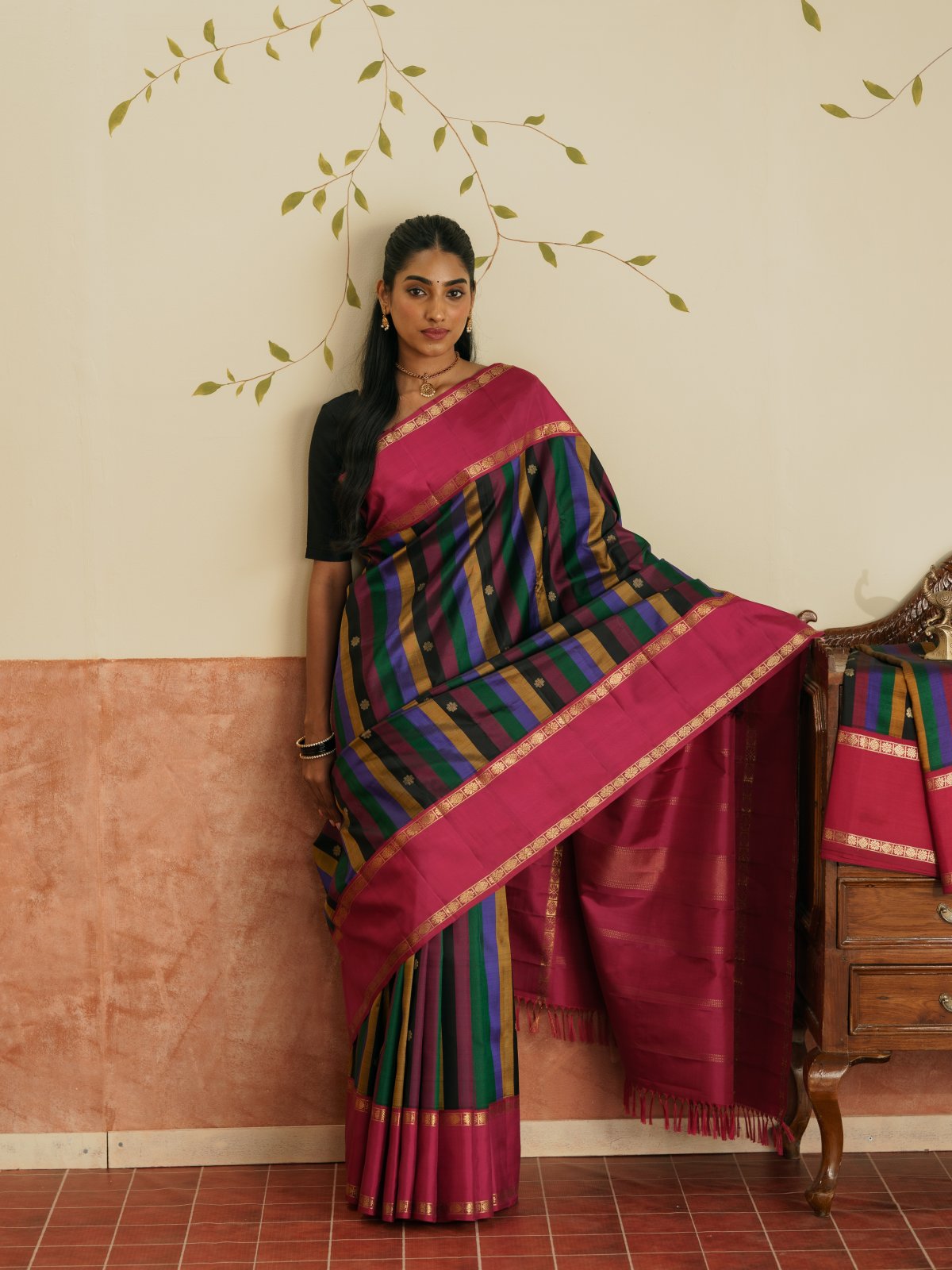 Vintage 80 - Multi Color Striped Kanjeevaram Silk Saree With Araku Border