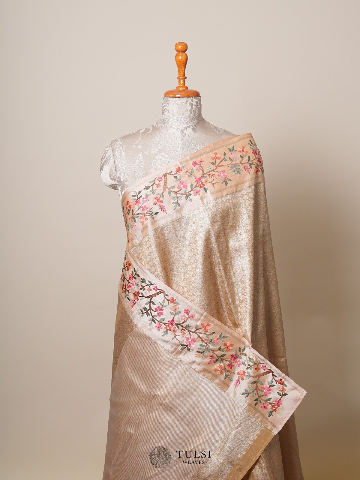 Peach Tissue Embroidered Kanjeevaram Silk Saree