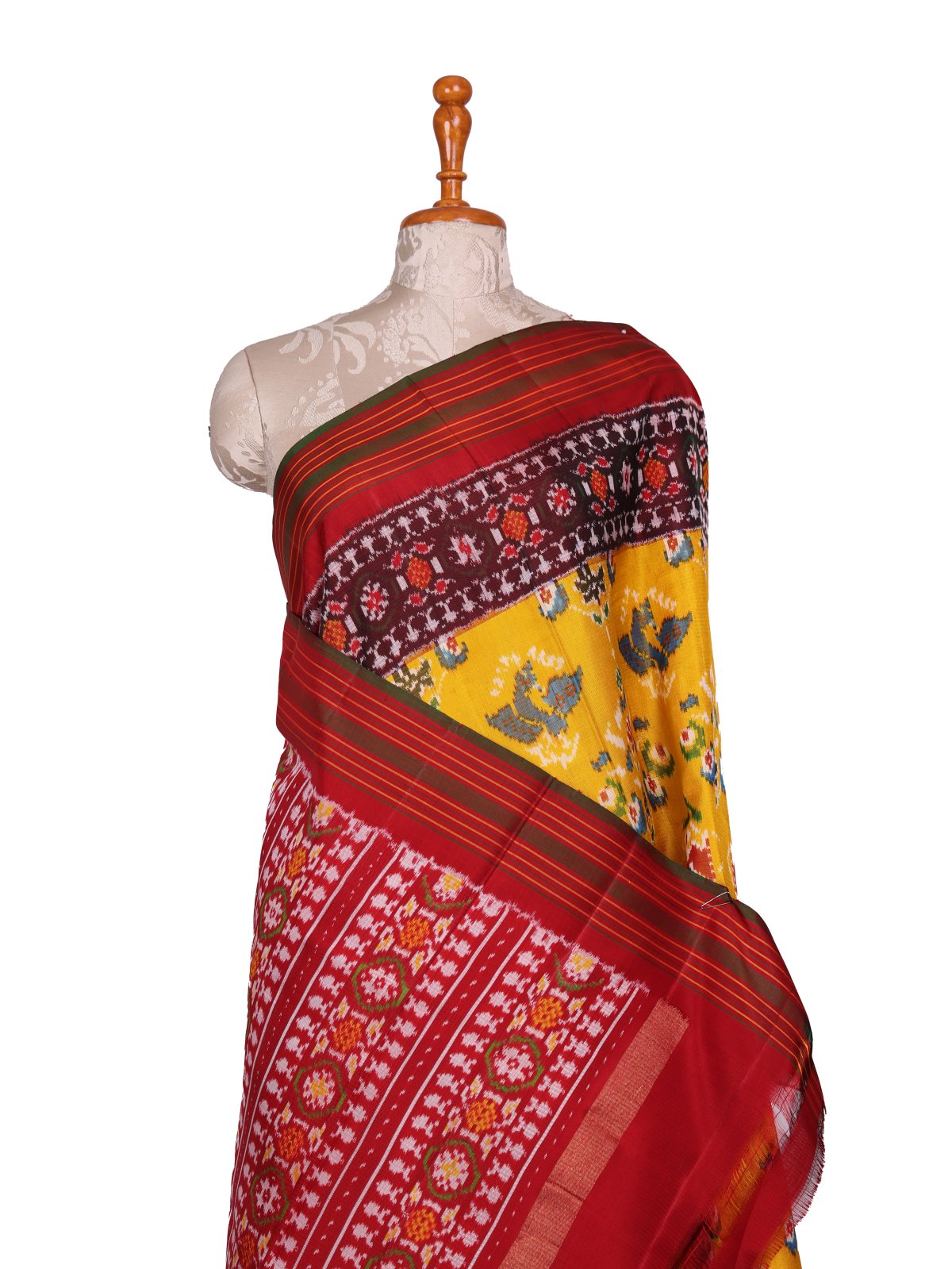 Mustard Yellow Patola Silk Saree With Maroon Border