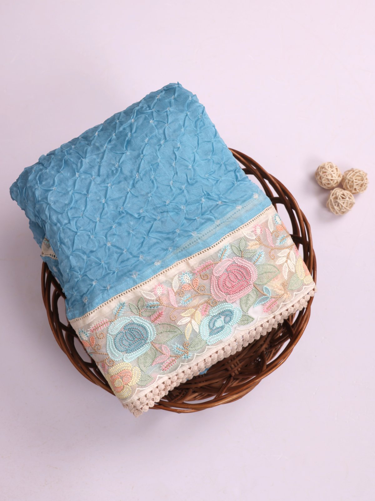 Light Blue Bandhini Organza Silk Saree with Embroidered Border