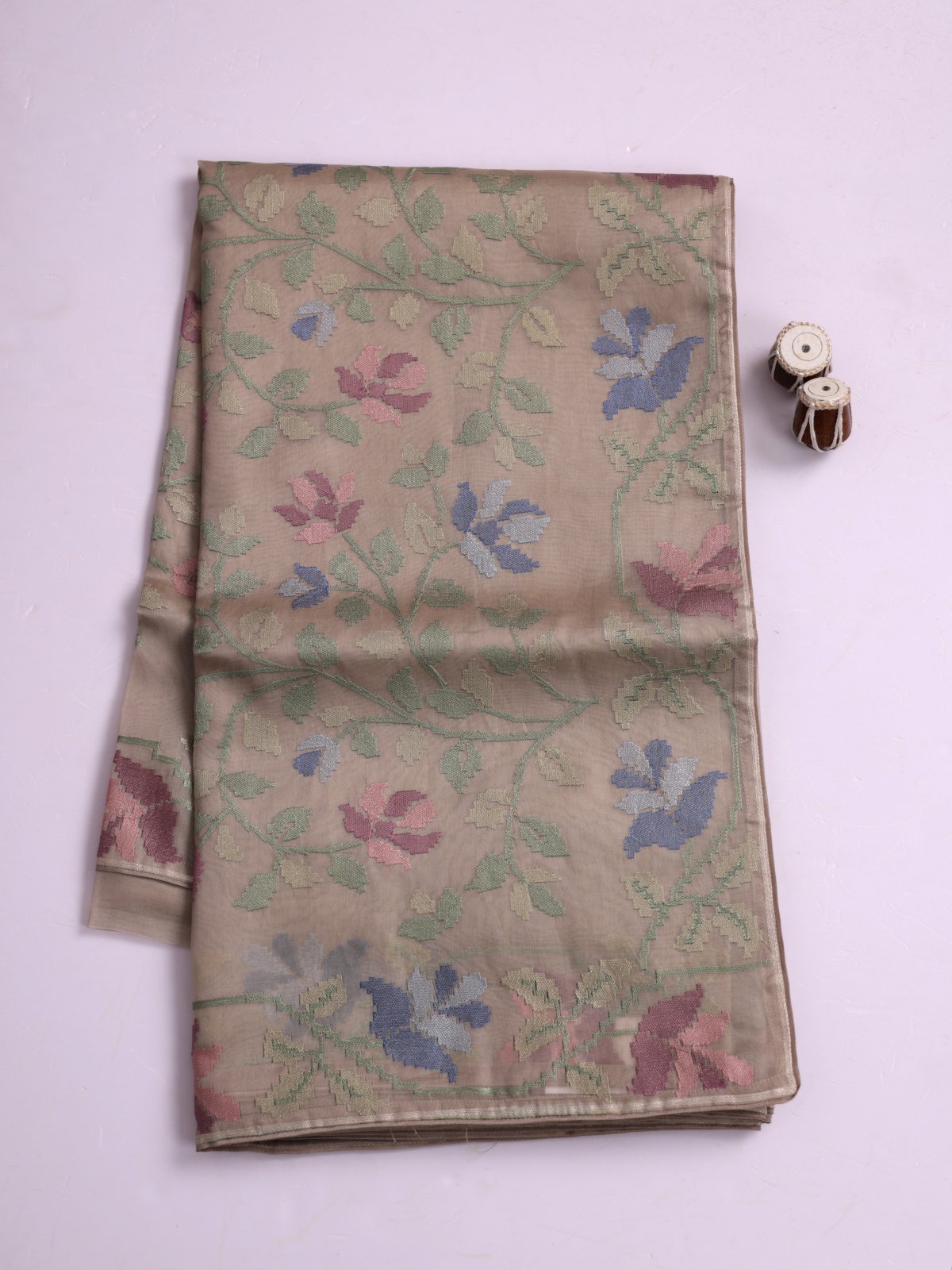 Greige Embroidered Organza Silk Saree
