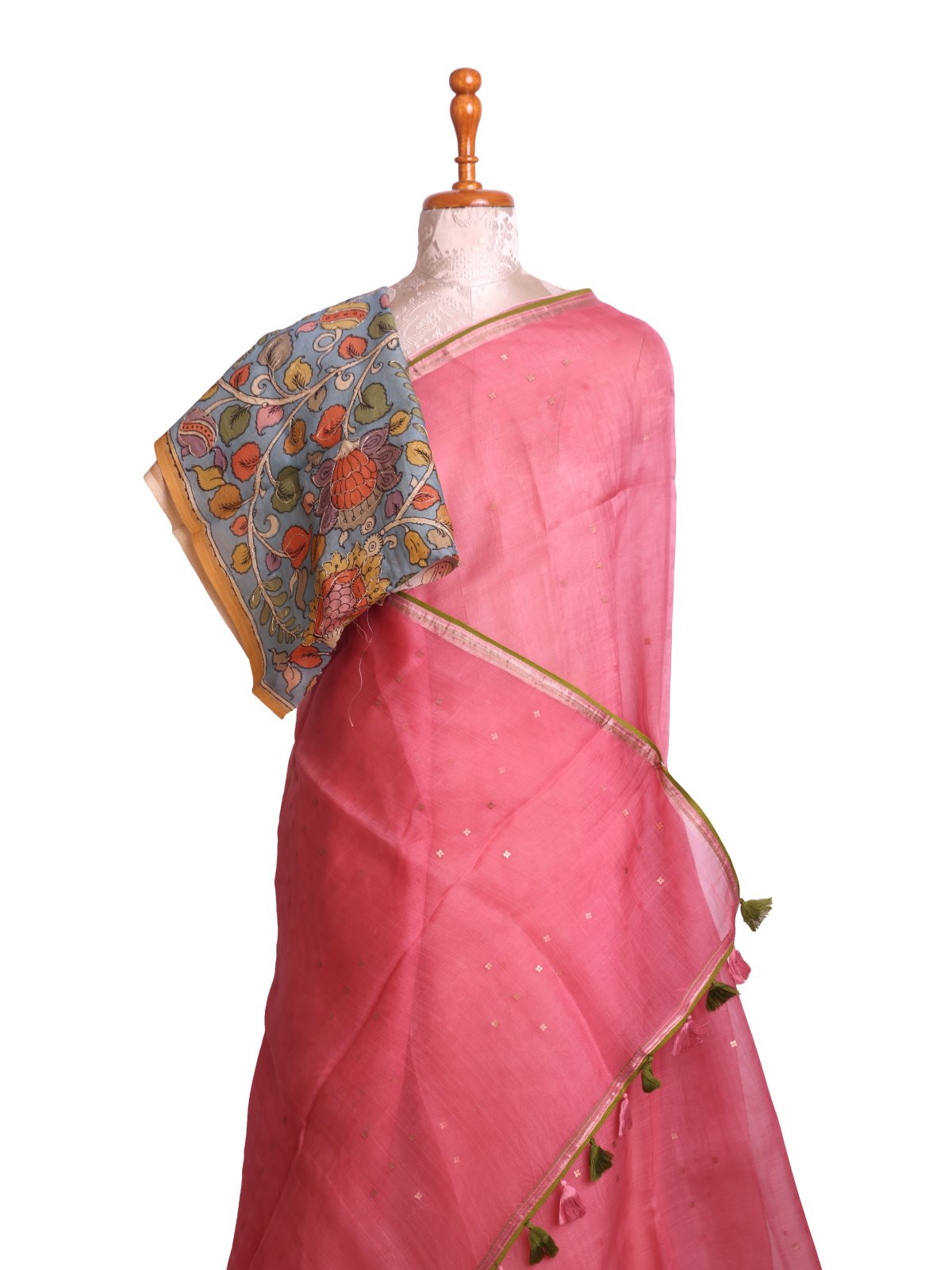 Baby Pink Organza Silk Saree with Kalamkari Blouse