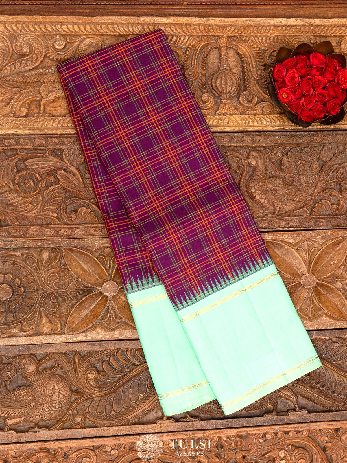 Purple Checked Kanjeevaram Silk Saree