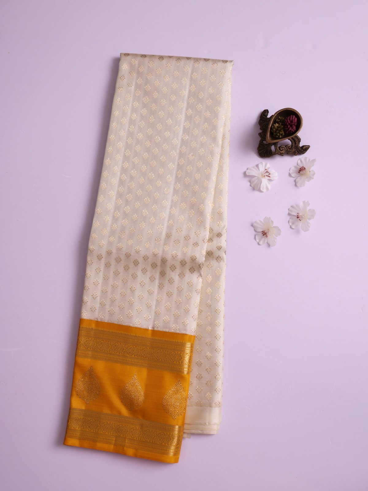Off-White Kanjeevaram Silk Pavadai with Yellow Border