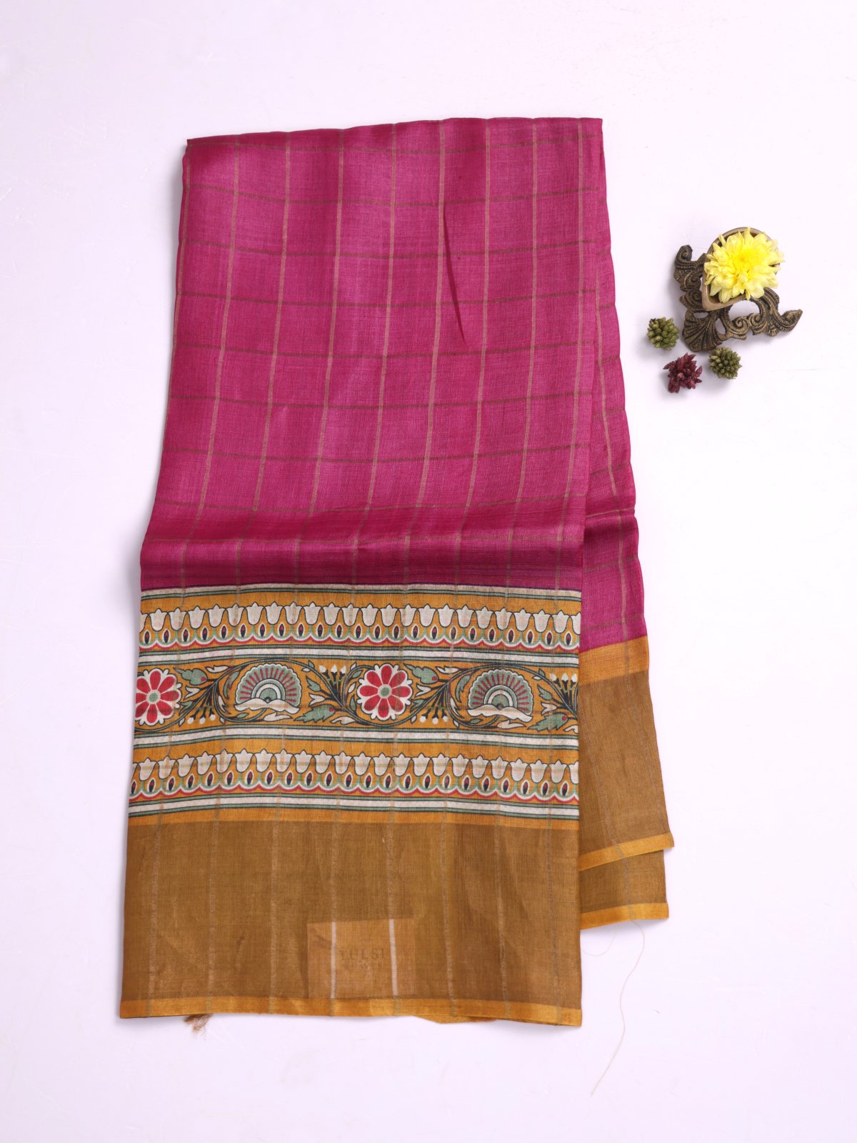 Magenta Zari Checked Tussar Silk Saree With Mustard Yellow Printed Border