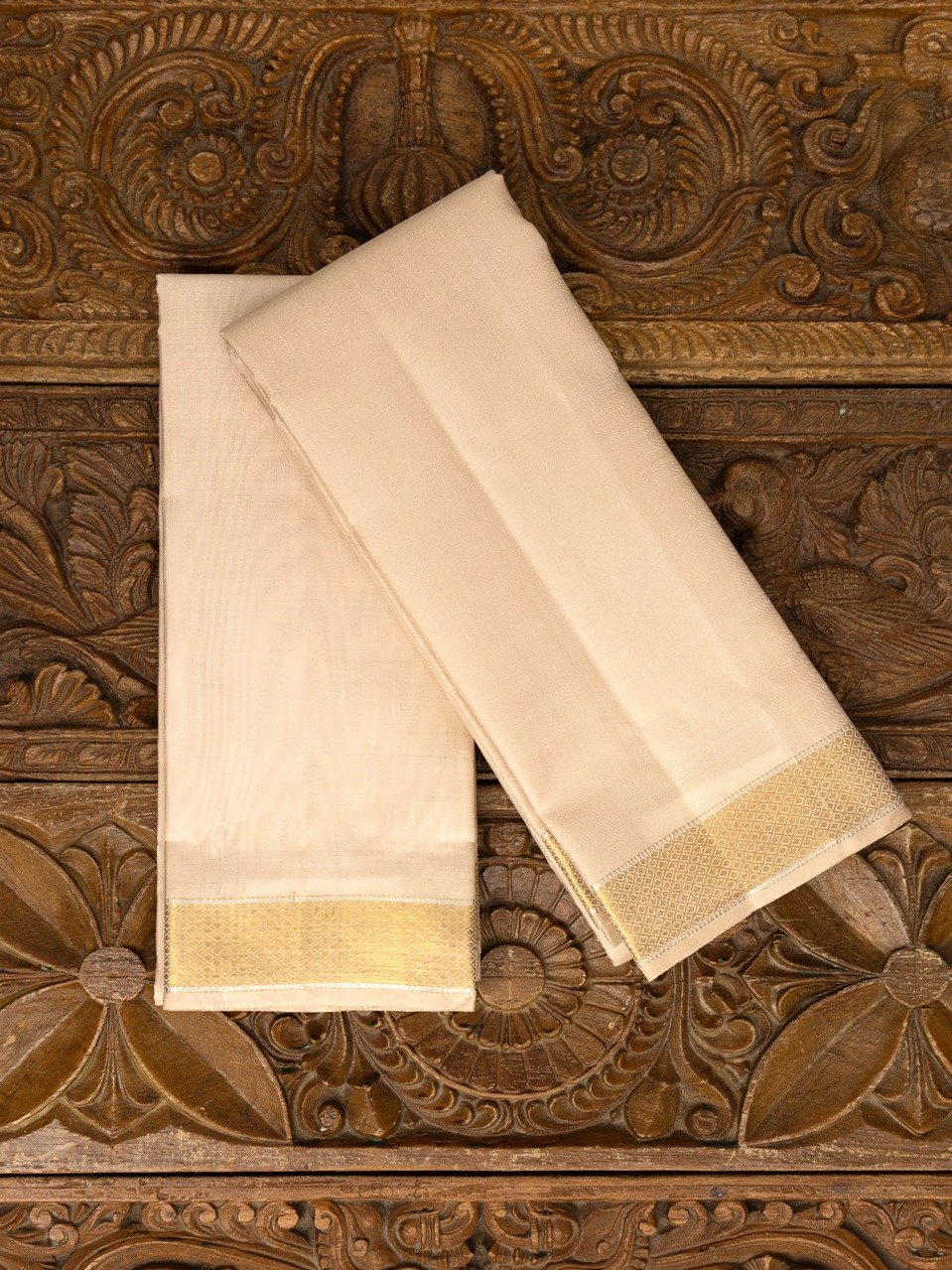 Light Beige Silk Dhoti and Vasthram With Gold Self Zari Border