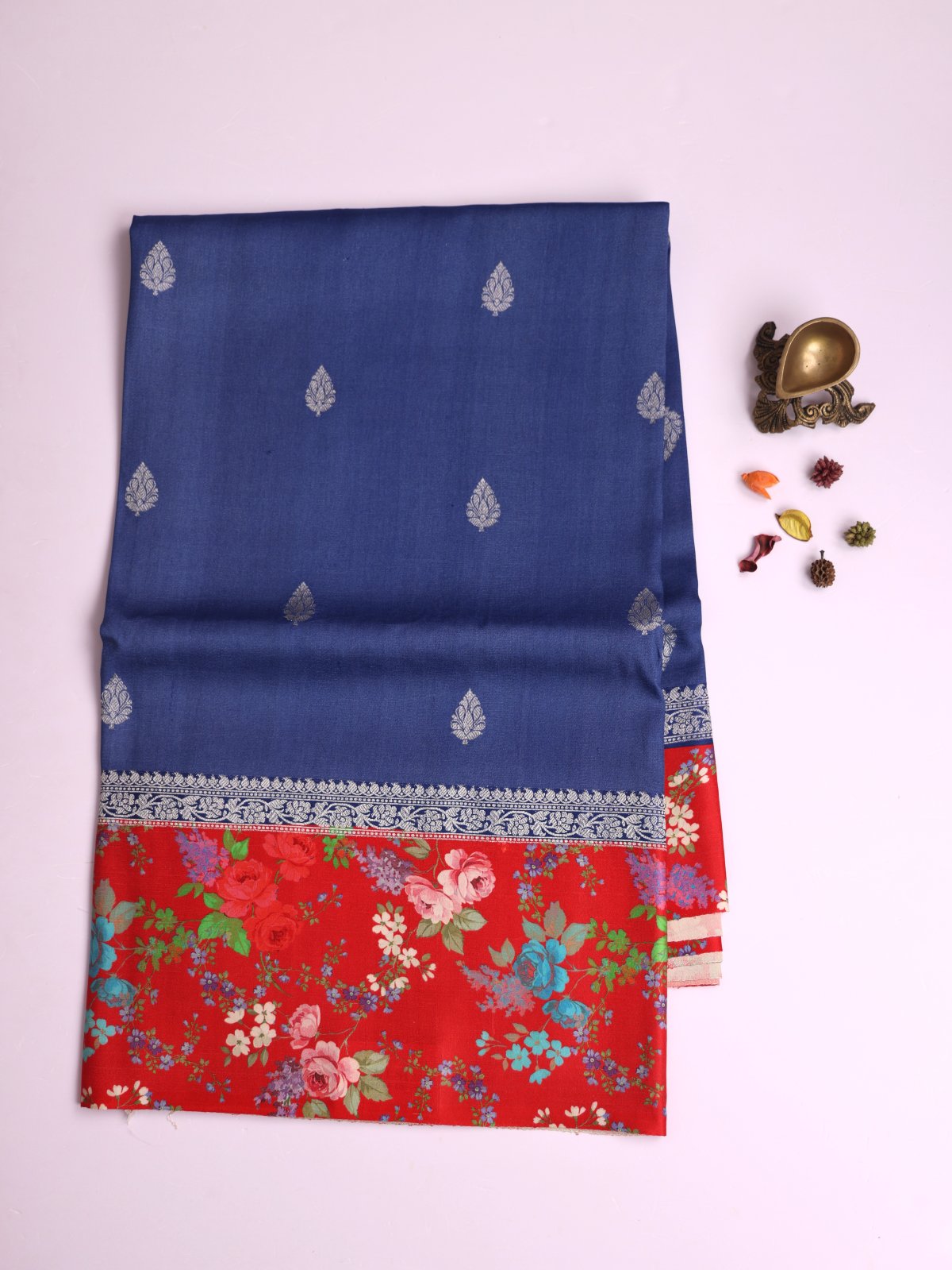 Blue Banaras Tussar Georgette Silk Saree with Printed Red Satin Border