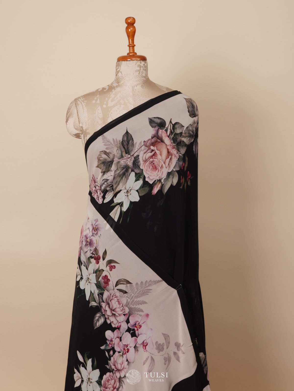 Black Floral Printed Georgette Silk Saree