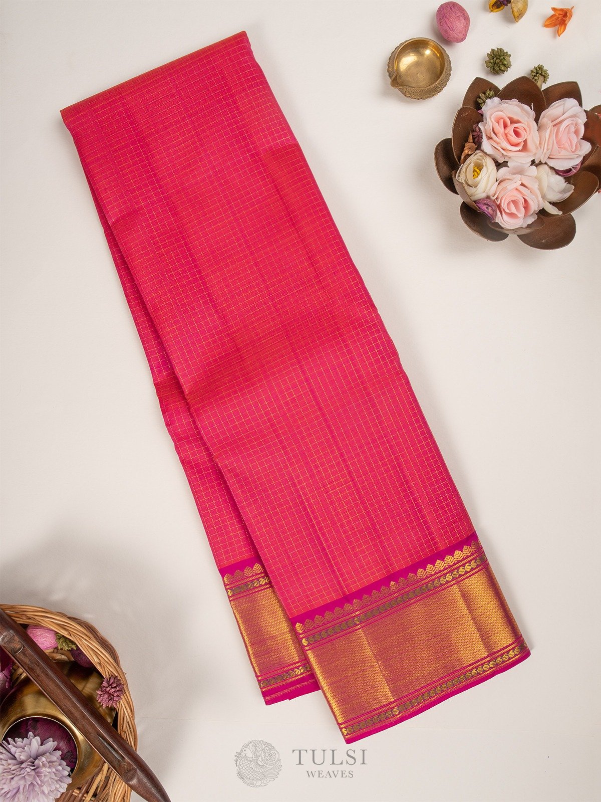 Orangish Pink Kanjeevaram silk saree