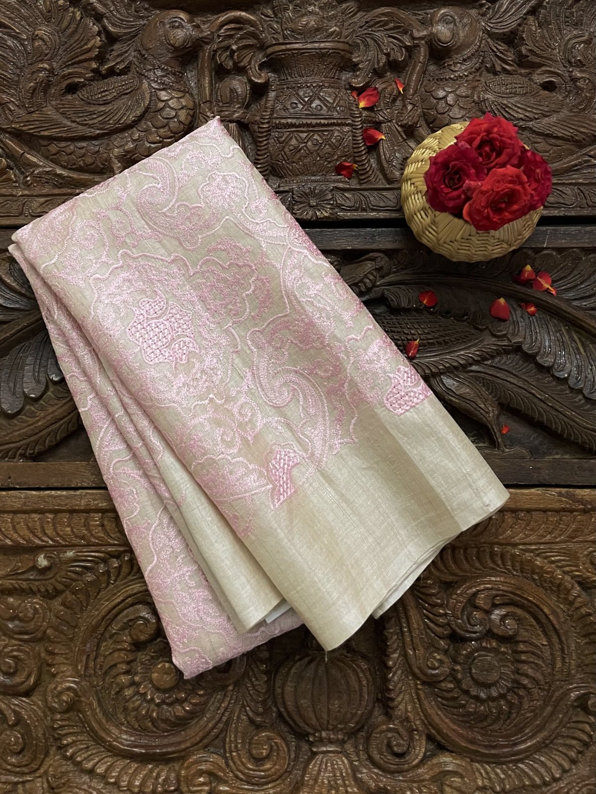 Beige (Tussar Colour)  Tussar Silk Blouse With Pink Floral Embroidery