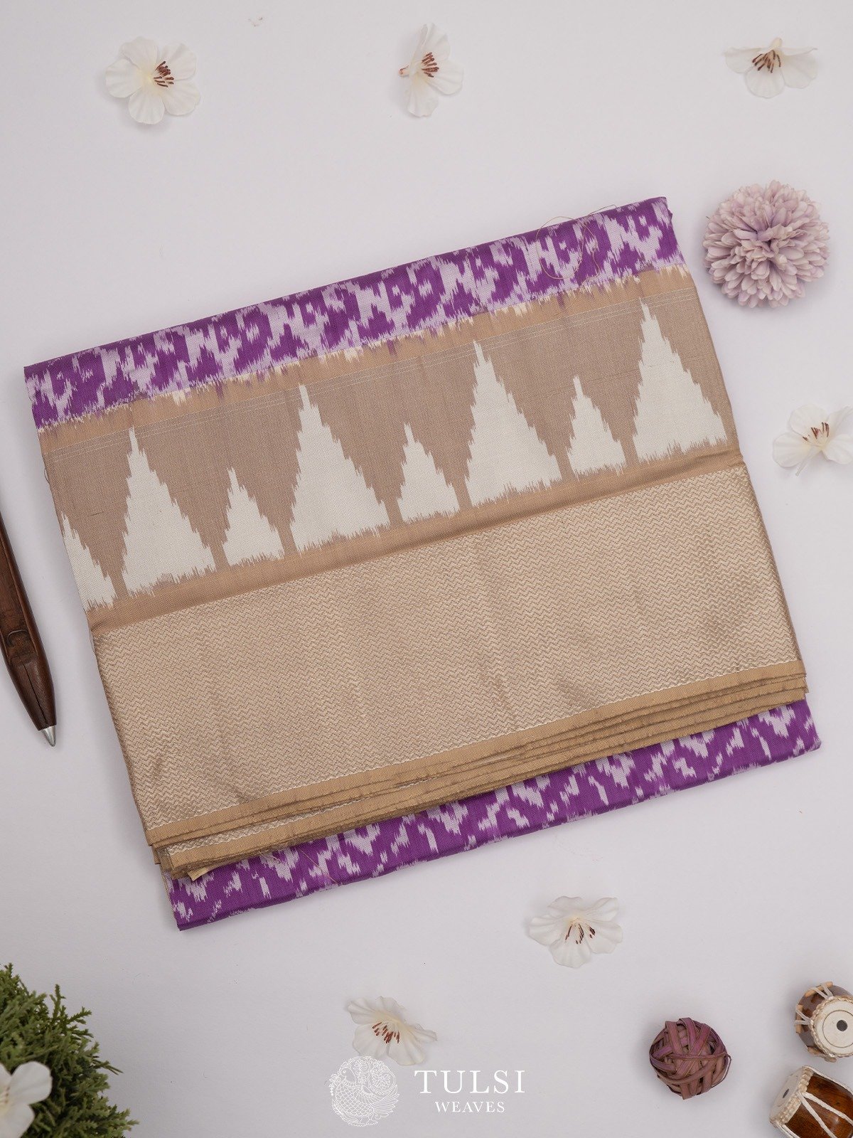 Pastel Purple Ikat Silk Saree with Beige Border