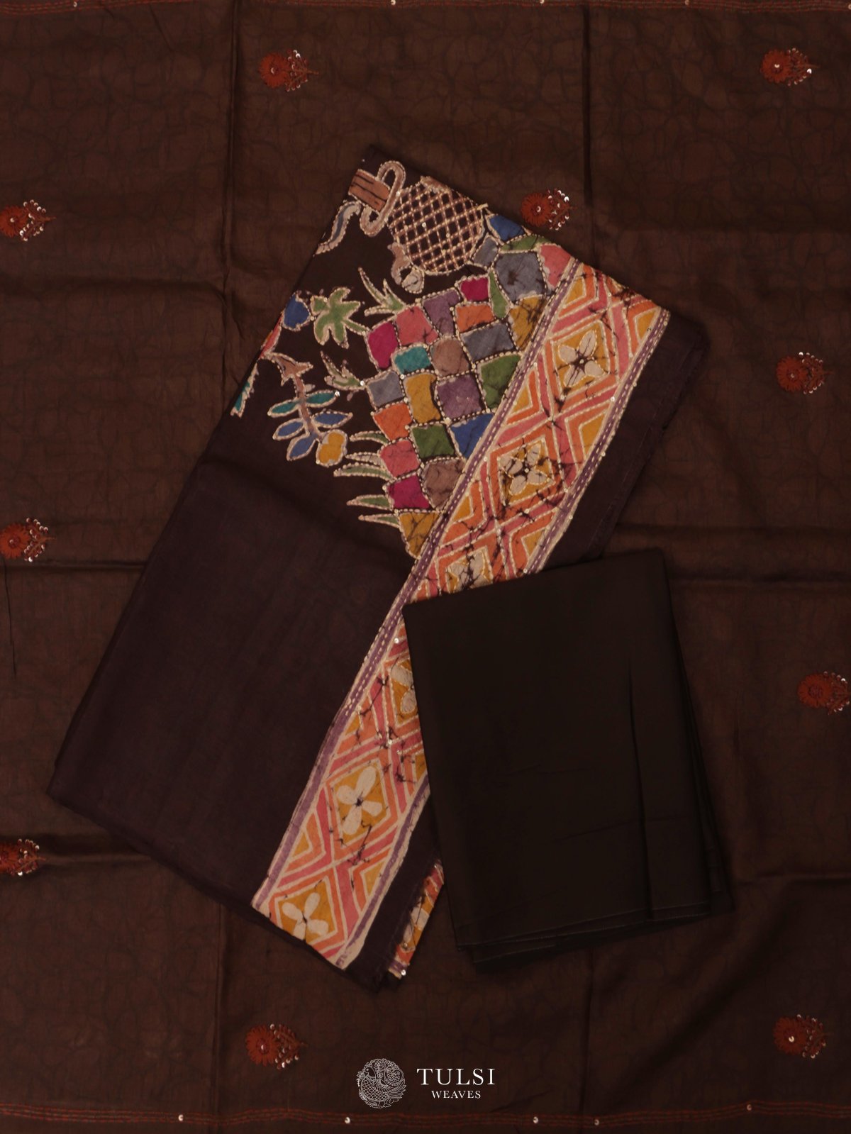 Dark Brown Tussar Salwar Material With Batik Print