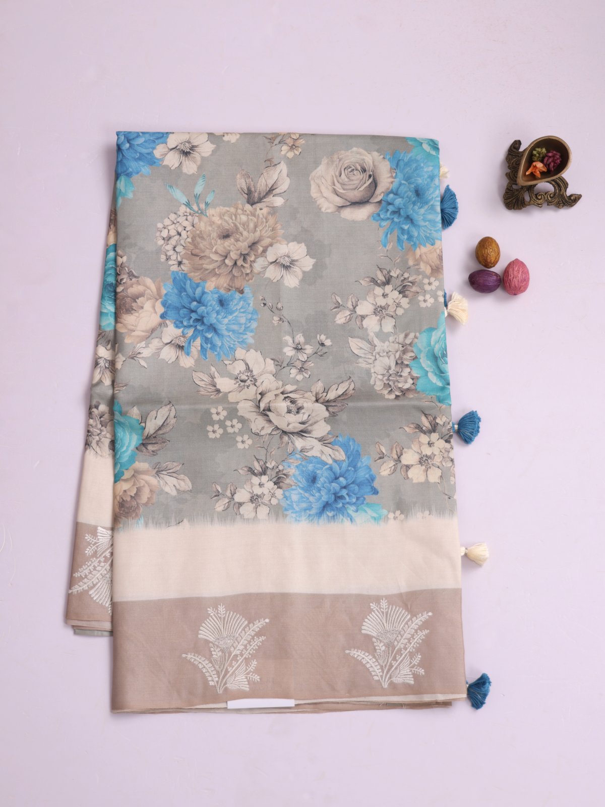 Grey Printed Tussar Silk Saree With Beige Embroidered Border 