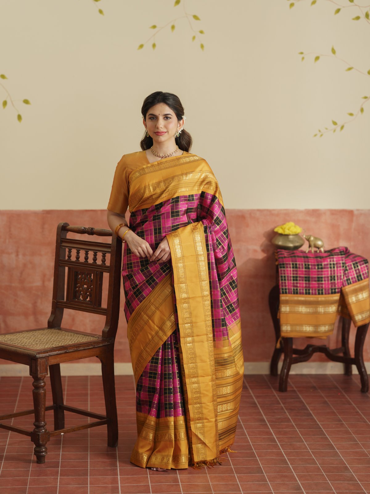 Vintage 99 - Rani Pink And Black Checked Kanjeevaram Silk Saree With Mustard Yellow Border