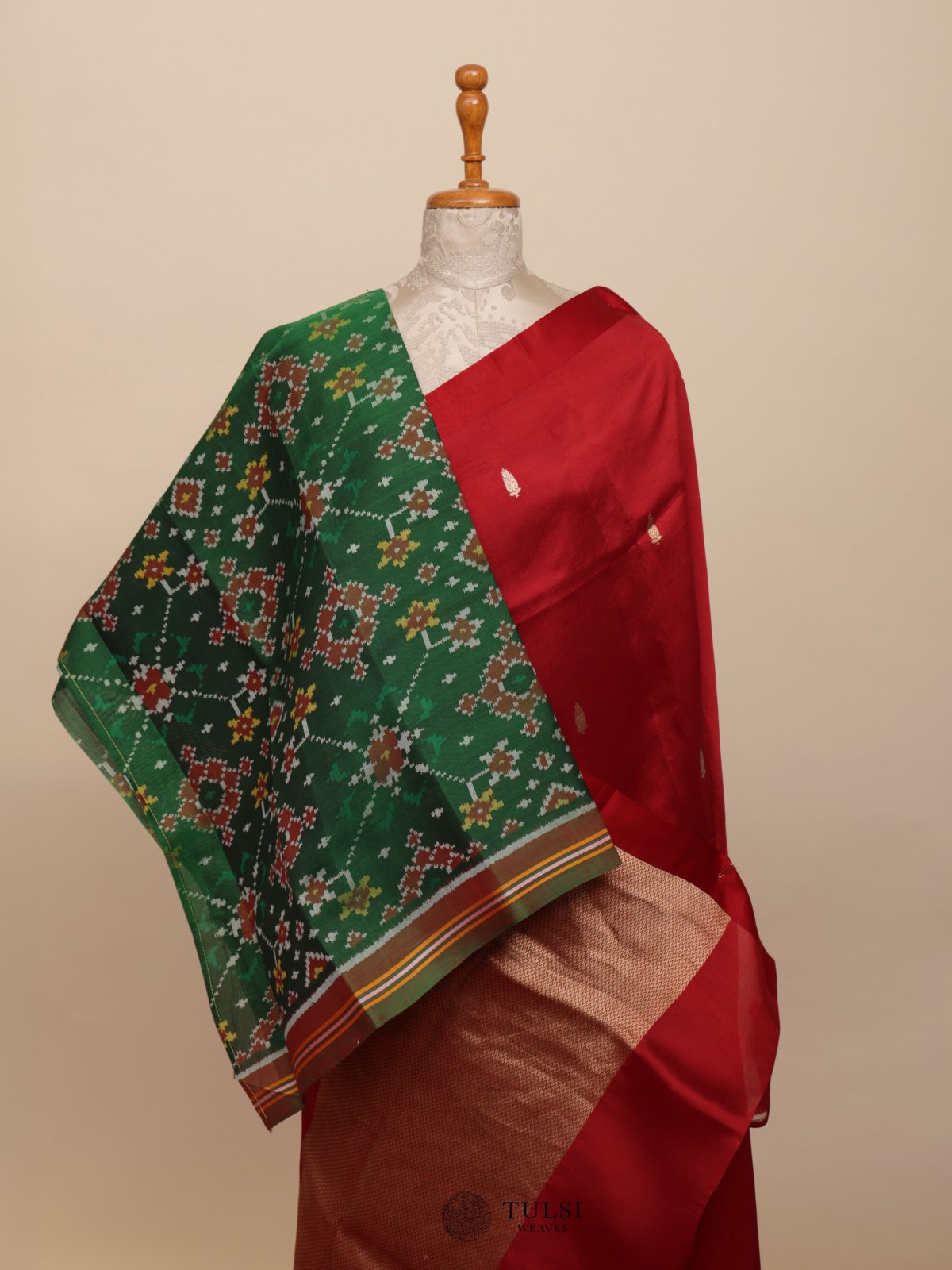 Red Mashru Silk Saree With Ikat Blouse