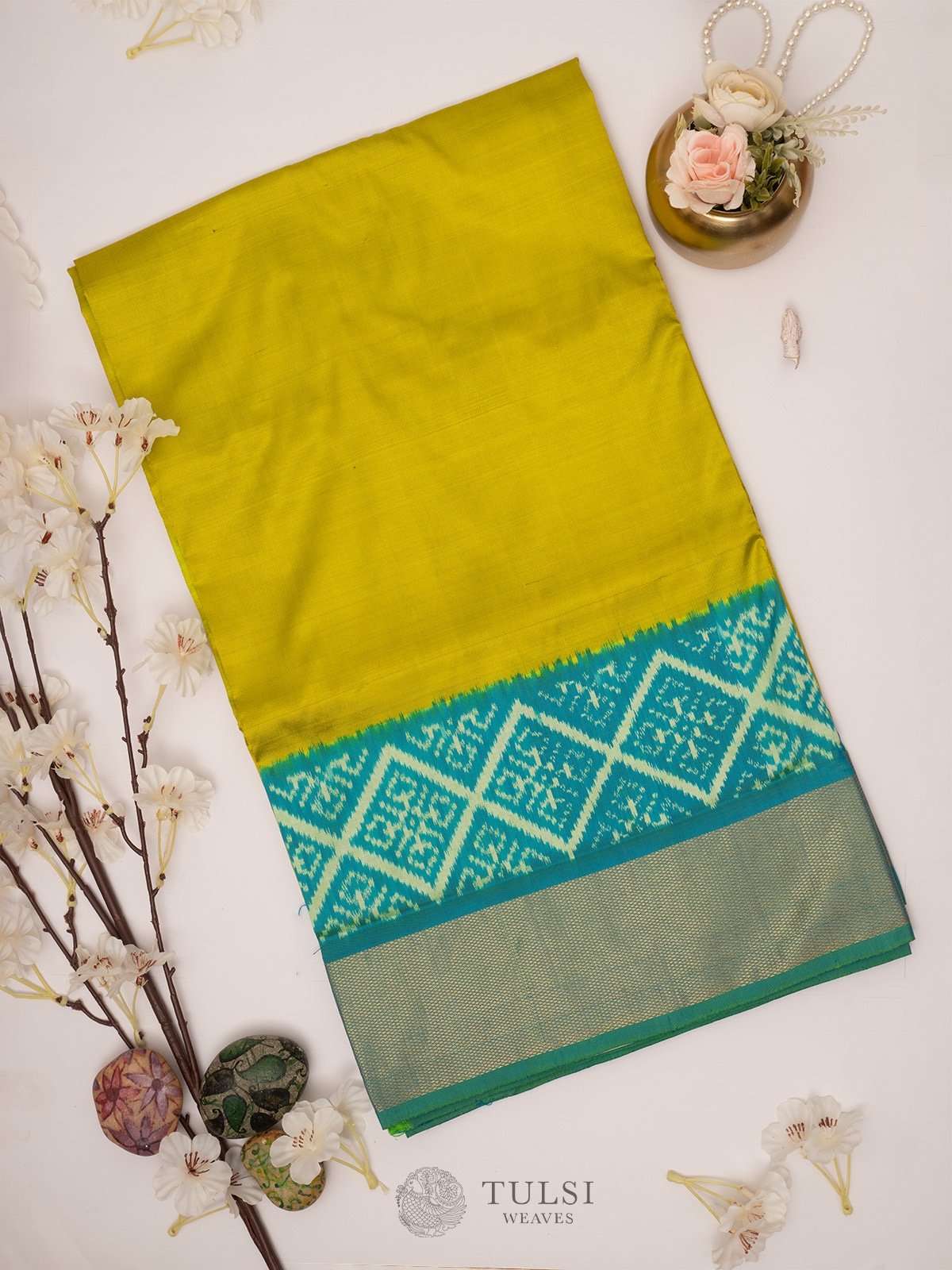 Greenish Yellow Ikat silk Saree with blue border