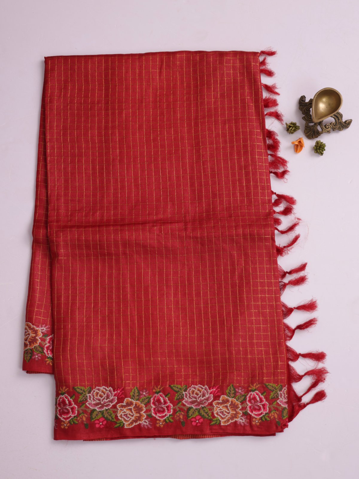 Red Zari Checked Tussar Silk Saree With Cross-Stitch Embroidery