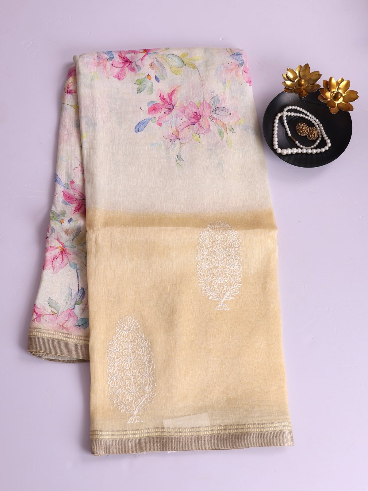 Off-White Printed Linen Saree With Light Yellow Embroidered Border