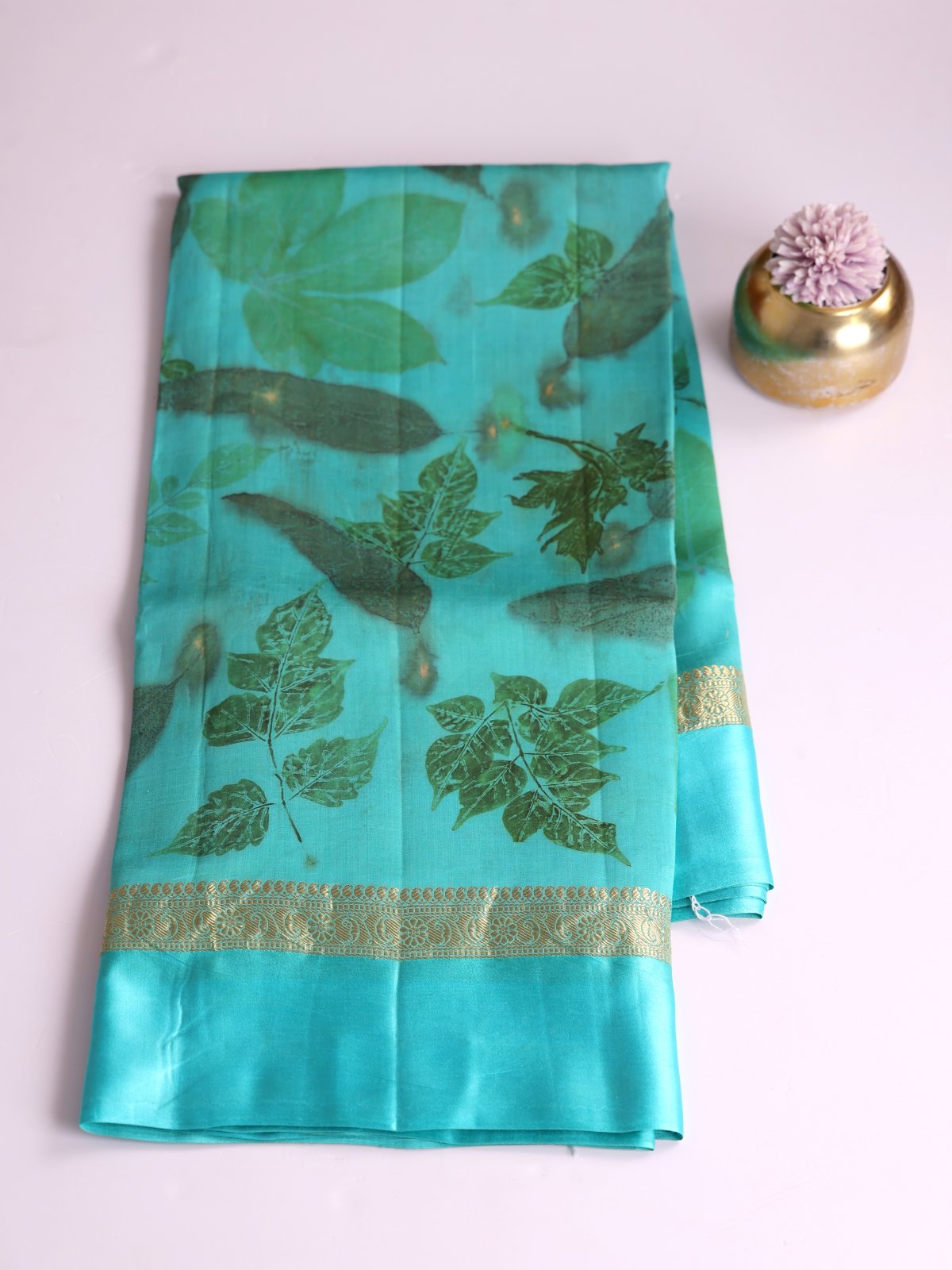 Aqua Blue Eco Print Tussar Silk Saree with Satin Border