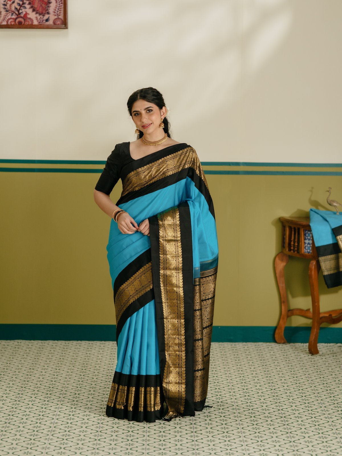 Vintage 54 - Light Blue Pin Striped Kanjeevaram Silk Saree With Black Border