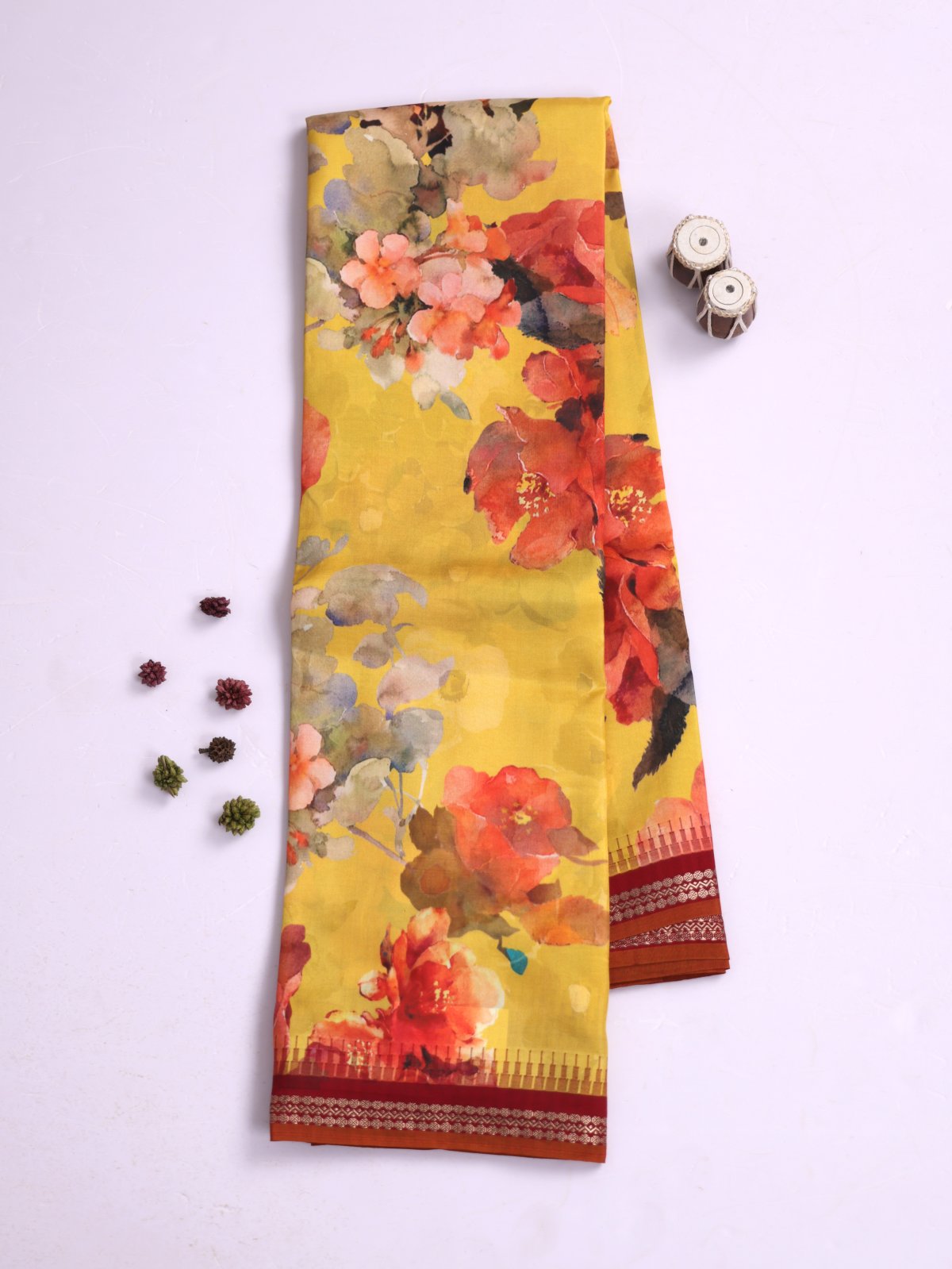 Yellow Printed Kanjeevaram Silk Saree With Maroon Border 