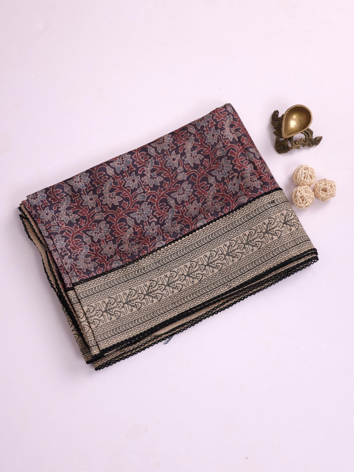 Dusty Purple Ajrakh Printed Munga Tussar Silk Saree With Embroidery