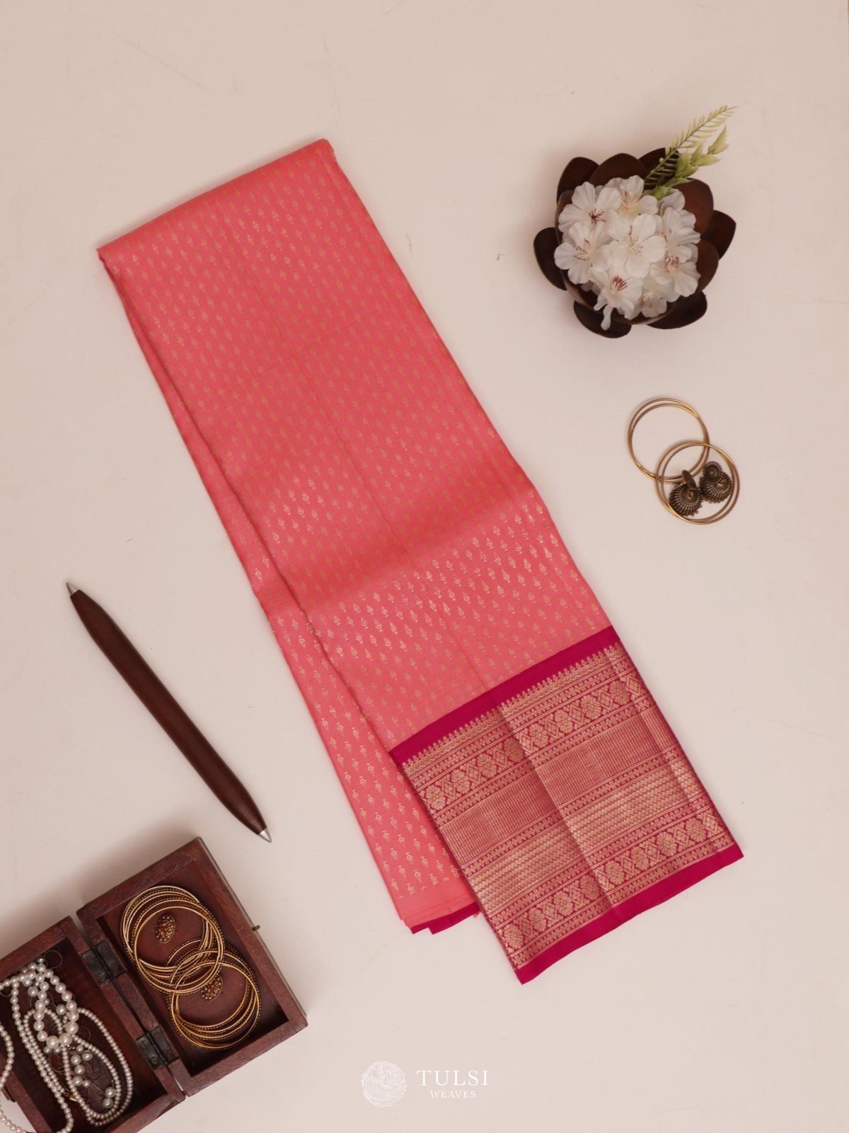 Coral Pink Kanjeevaram Silk Pavadai With Dark Pink Border