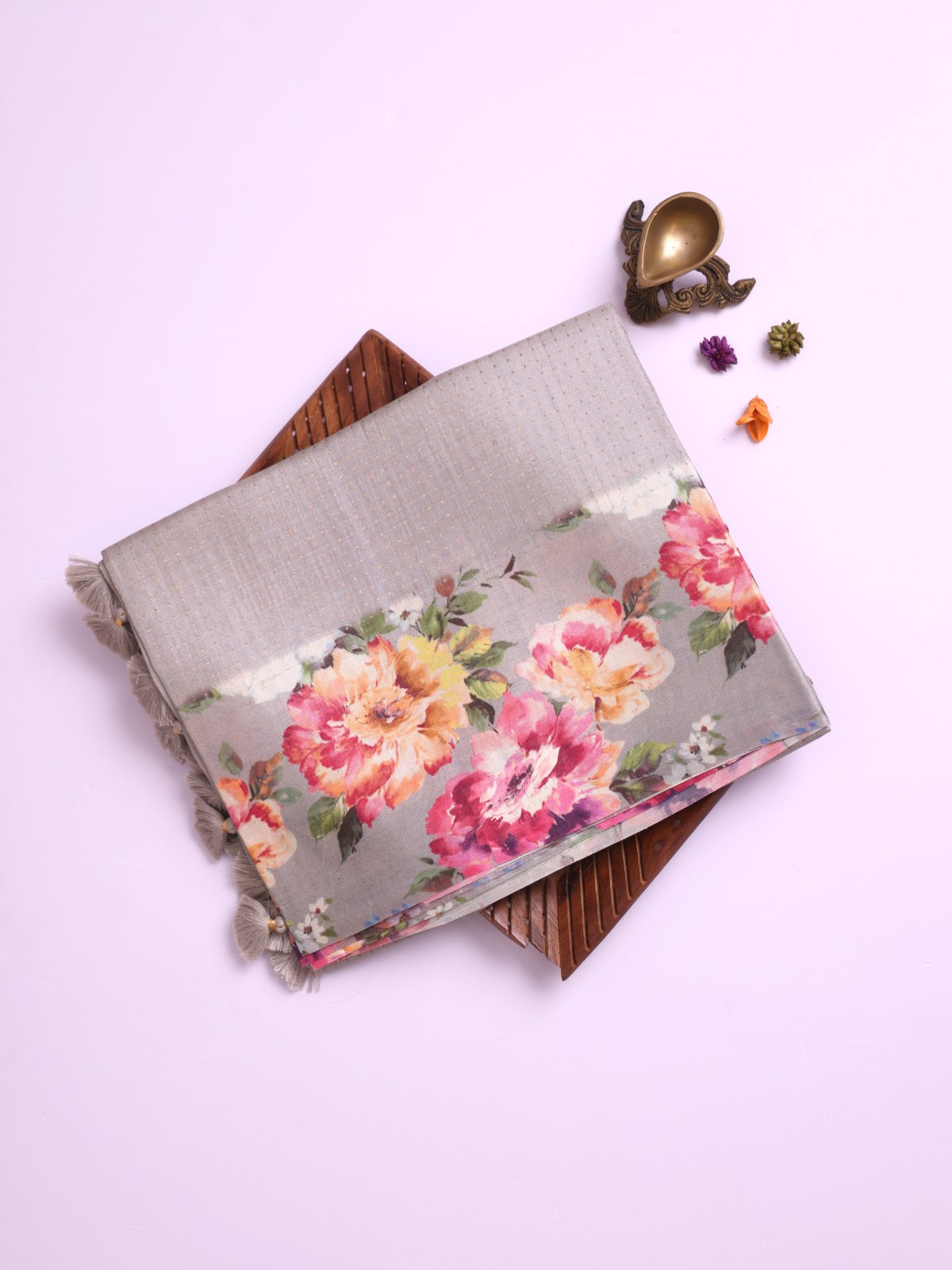 Light Grey Tussar Silk Saree with Printed Border