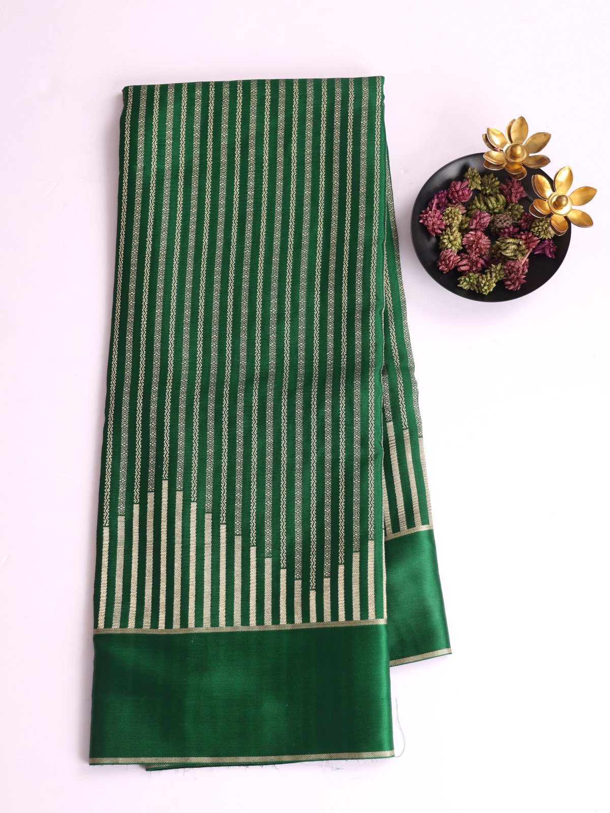 Bottle Green Zari Striped Mysore Silk Saree With Satin Border