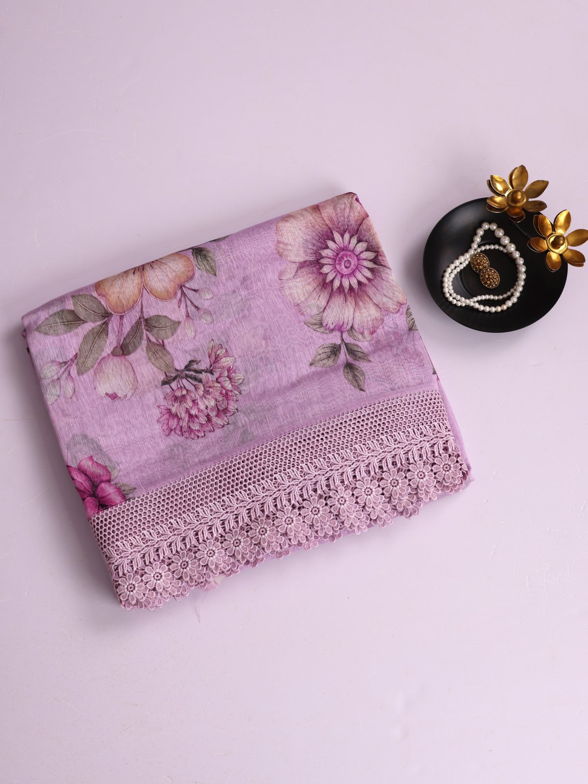 Lavender Printed Linen Saree With Lace Border