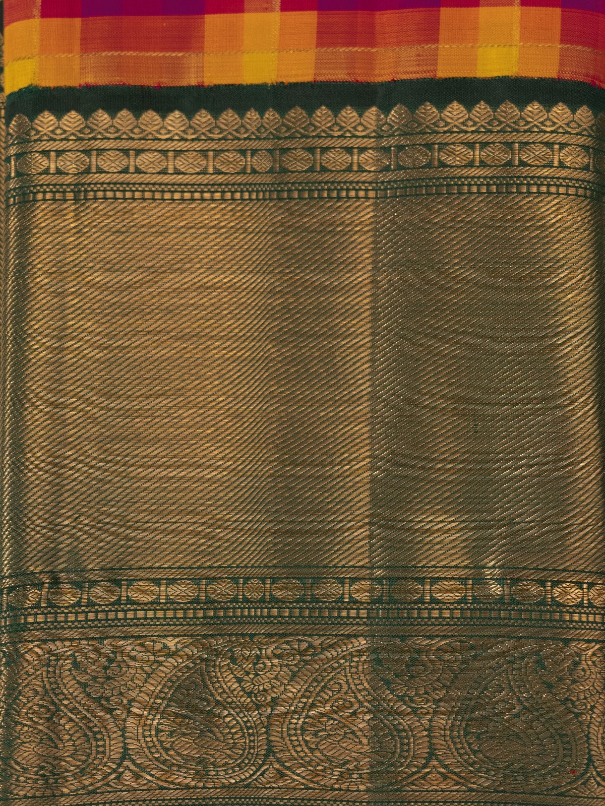 Checked Kanjeevaram Silk Saree With Dark Green Border