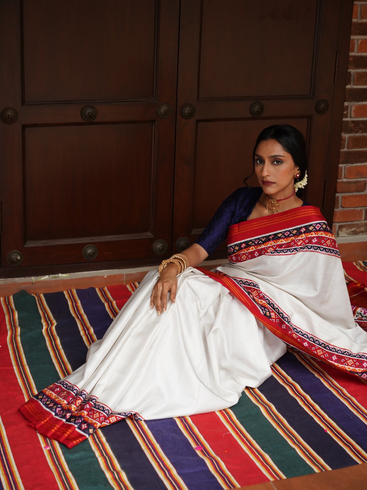 White Patan Patola Silk Saree with Red Border