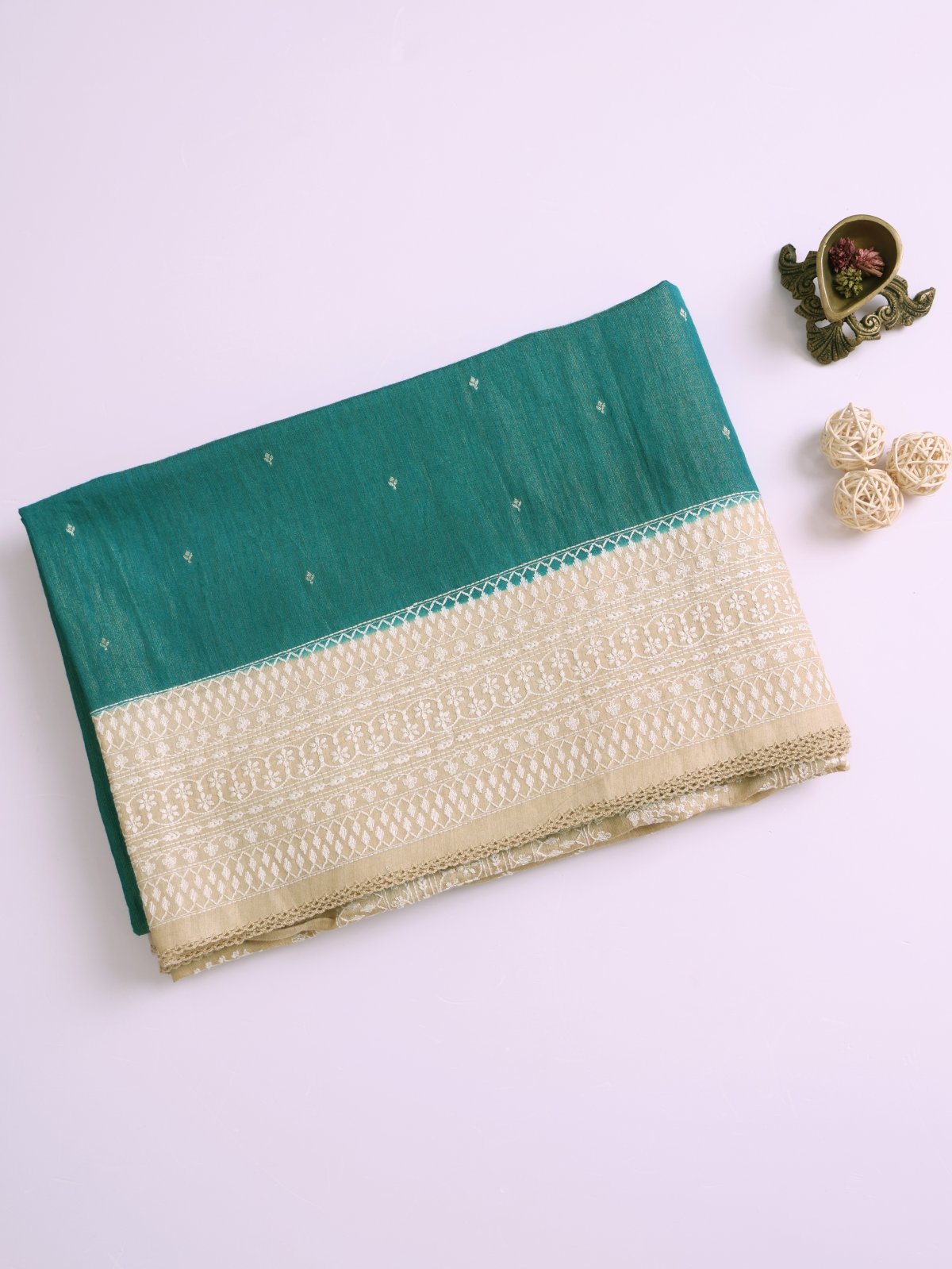 Ramar Green Munga Silk Saree With Beige Border