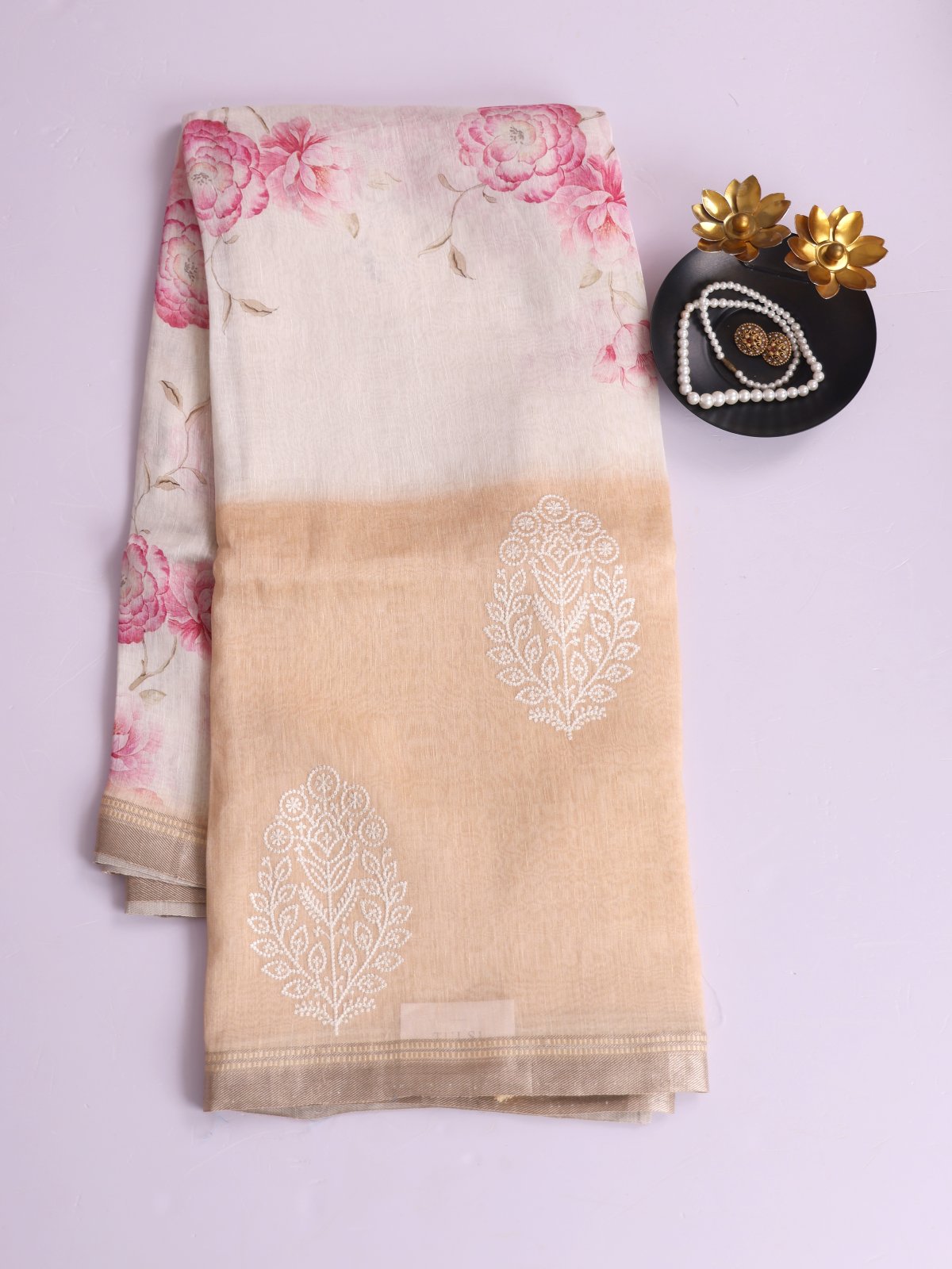 Off-White Printed Linen Saree With Light Peach Embroidered Border