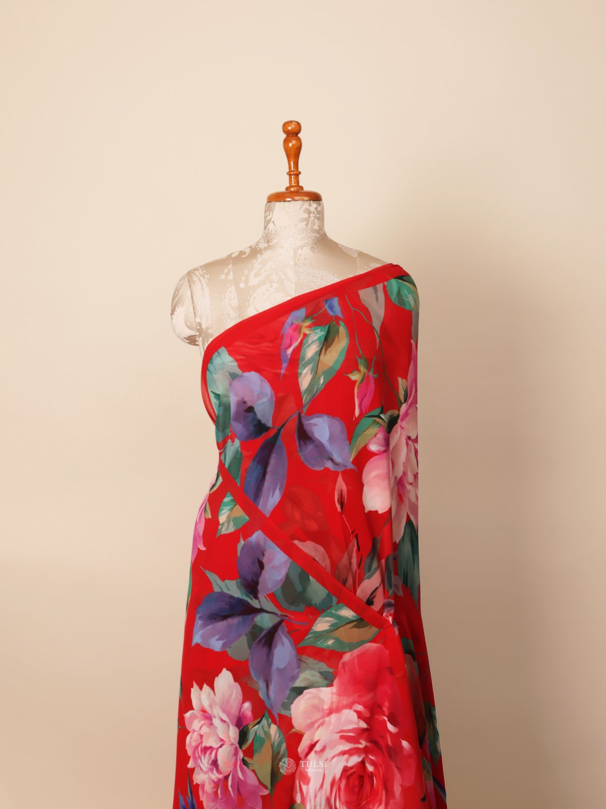 Red Floral Printed Georgette Silk Saree